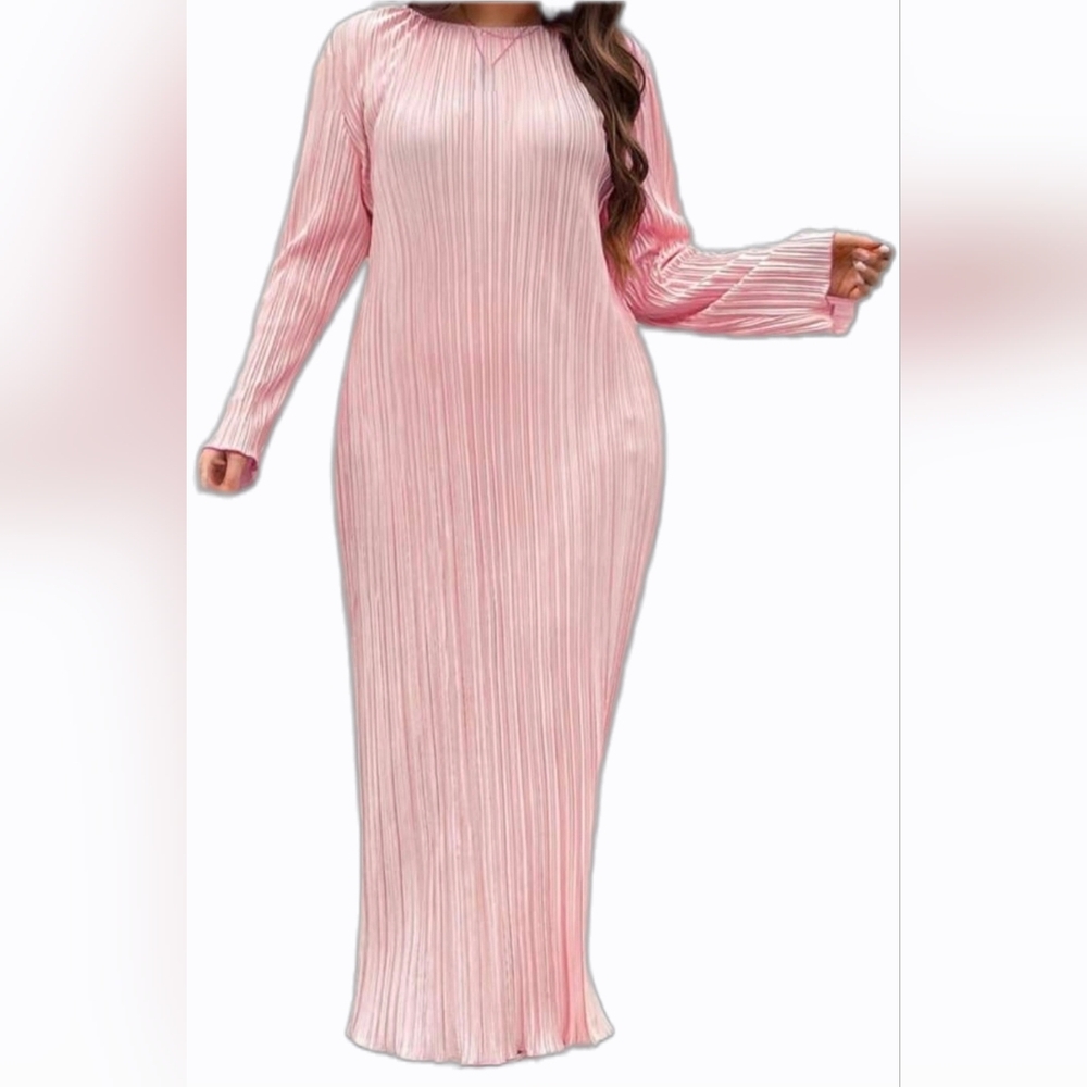 Chic Long Sleeve Pink Pleated Maxi Dress
